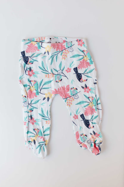 Tropical Floral and Bird Print Baby Pants with Feet [0-3m]