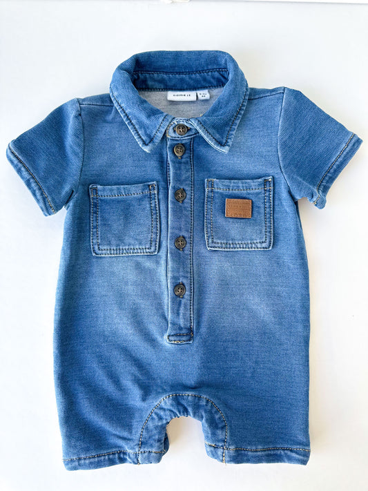 Denim Polo Romper [0-3m]